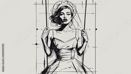 Elegant woman in wedding dress with veil posing on swing  