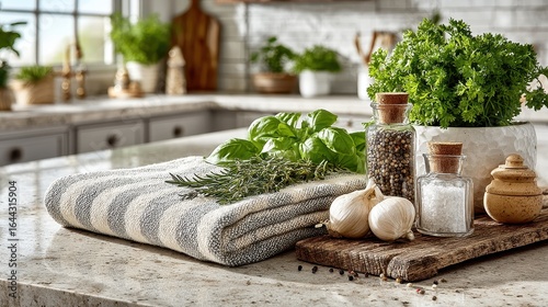 Fototapeta Naklejka Na Ścianę i Meble -  Still life presents striped blankets, herb vases, and spice jars on a weathered wooden surface