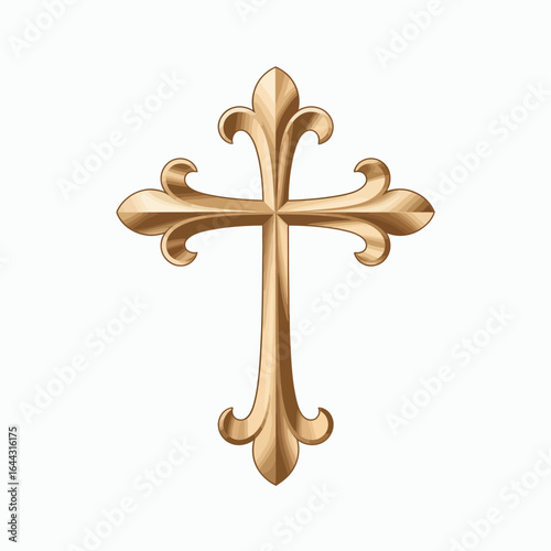 Ornate golden fleur de lis cross isolated on white background