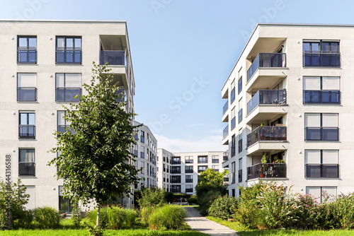 Cityscape of a residential area with modern apartment buildings, new green urban landscape in the city