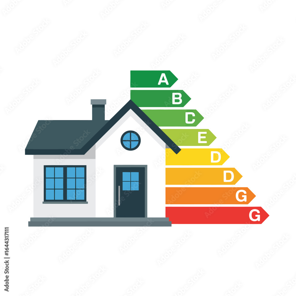 House with energy efficiency rating chart showing performance House with energy efficiency rating chart showing performance