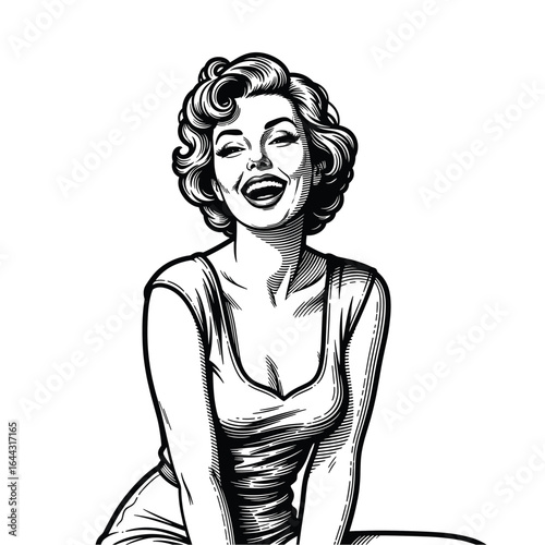Engraving of Retro Laughing Woman, drawn in an engraved, woodcut style with fine details sketch engraving vector illustration. Scratch board imitation
