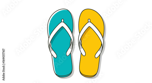 Two colorful flip-flops, teal and yellow, displayed against a white background.