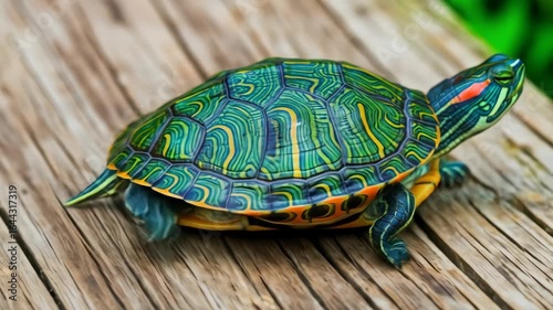 Red-Eared Slider Turtle Resting on Weathered Wooden Planks, Close-Up View
