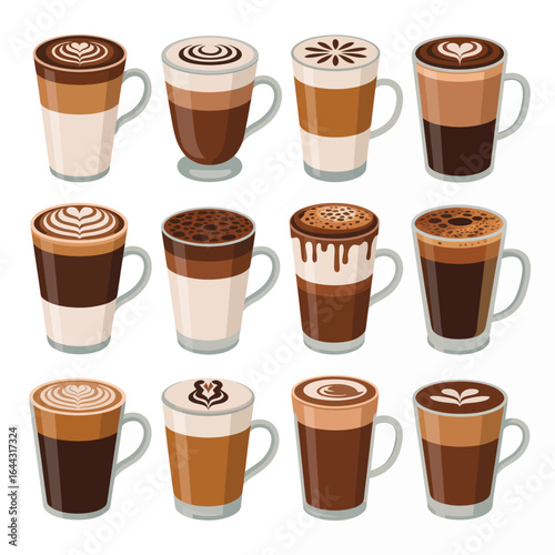 Collection of delicious coffee drinks with latte art and whipped cream