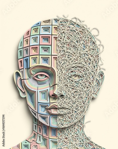 A papercraft illustration of the left brain vs. right brain concept, showing the duality of logical and creative thinking
