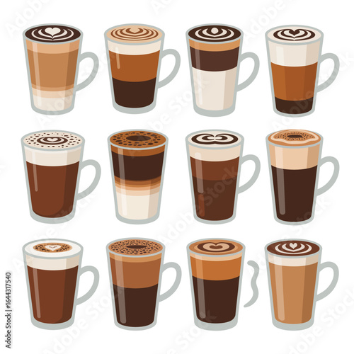 Collection of various layered coffee drinks in clear glasses and mugs