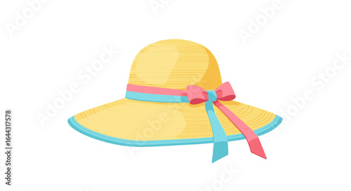 A sunny yellow sunhat with a pastel pink and blue ribbon bow.