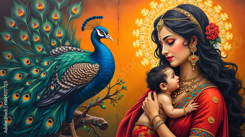 Traditional Indian mural style mother holding baby with peacock feathers and divine aura