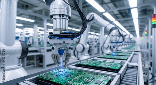 Automated Precision: Robotic Arm with Luminous Blue Effect on a PCB Production Line