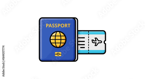 A stylized illustration of a passport and airline ticket, symbolizing travel.