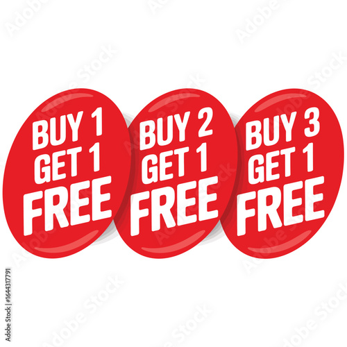 Three red oval stickers advertising buy one get one free offers