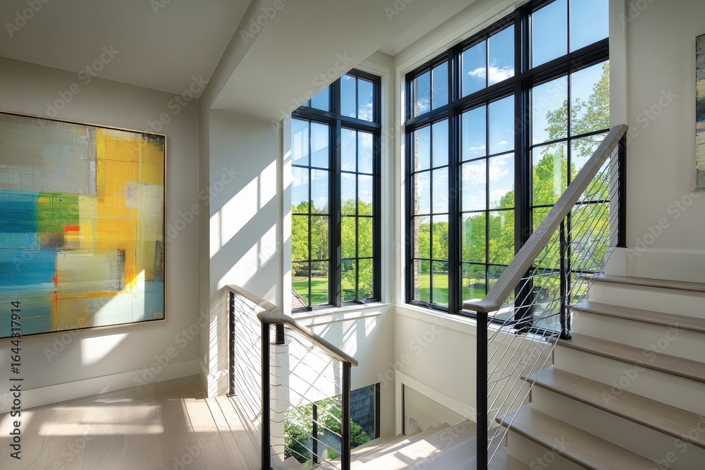 Obraz premium Sunlight streams through large, black-framed windows in a light-filled hallway, highlighting a modern staircase