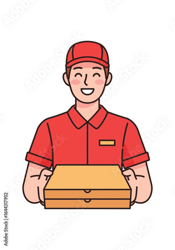 Smiling pizza delivery person holding two pizza boxes.