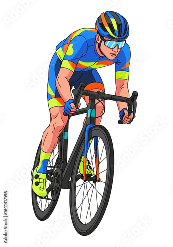 A cyclist in vibrant racing gear leans forward, intensely focused on the road ahead, powerful legs propelling the bike.