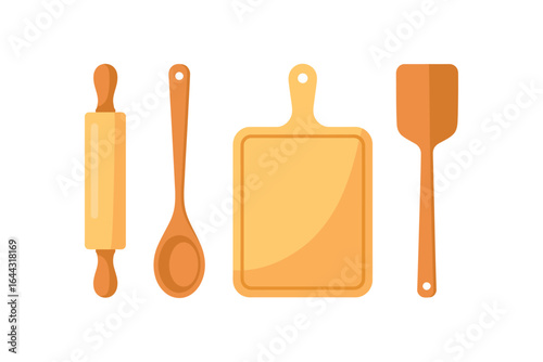 Set of wooden kitchen utensils including rolling pin spoon cutting board and spatula