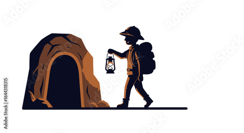 A young explorer with a lantern and backpack approaches a dark cave entrance, ready for adventure.