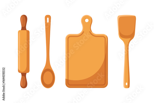 Set of wooden kitchen utensils including a rolling pin cutting board spoon and spatula