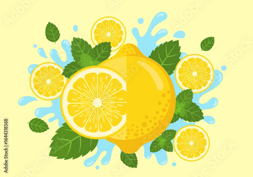 Freshly sliced lemon with mint leaves and water splashes, a vibrant and appetizing illustration.