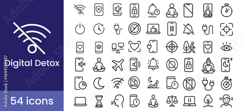 Digital Detox Icon Set with Line symbols for Mindfulness and Wellness, helping to Unplug, Disconnect and find Offline Balance.


