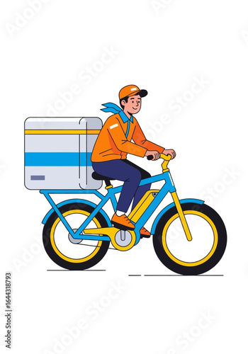 A delivery person, wearing a cap and jacket, rides an electric bicycle with a delivery box.