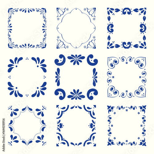 Decorative blue and white tile frames collection for various purposes