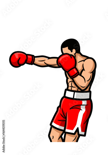 A powerful boxer throws a forceful jab, showcasing his muscular physique and red boxing gloves during a dynamic boxing match.