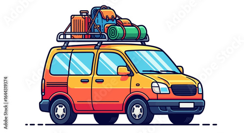 A cartoon-style illustration of a colorful van packed with camping gear, ready for an adventure.