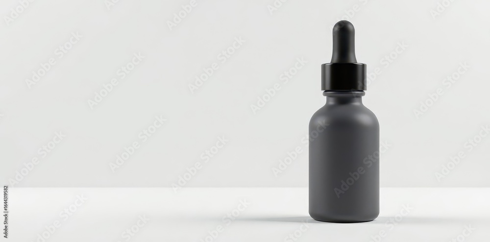Dark matte gray bottle with dropper cap in a minimalist setup on white background, beauty product, skincare Dark matte gray bottle with dropper cap in a minimalist setup on white background, beauty product, skincare