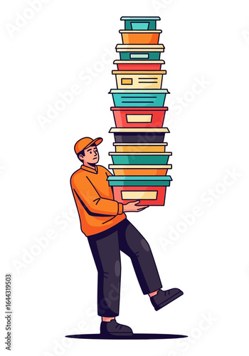 A delivery person carrying a towering stack of colorful food containers.