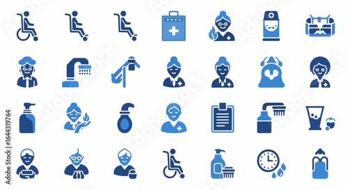 A collection of blue twotone glyph icons for elderly care nursing home assistance and disability support services.
