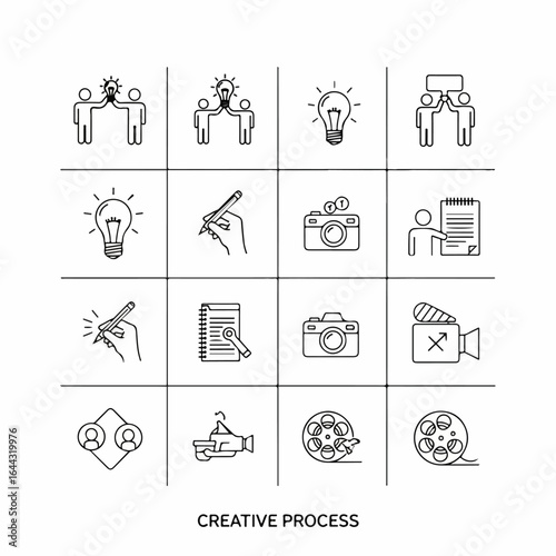 Creative process icon set in a minimalist line art style Includes symbols for brainstorming writing photography and video production.