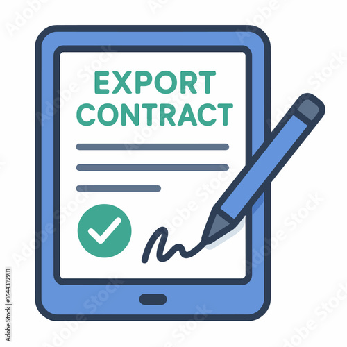 Digital export contract being signed with a stylus on a blue tablet Flat line icon illustration with a green checkmark.