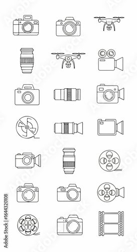 Set of photography and video equipment line art icons Includes cameras drones lenses film reels and camcorders Minimalist black outline style.