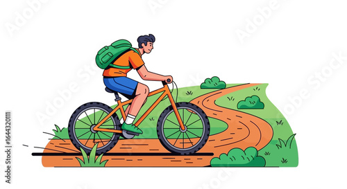 Cartoon illustration of a person cycling on a dirt path through a landscape.
