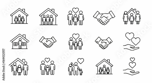 Set of minimalist black outline icons representing family home love and community relationships.