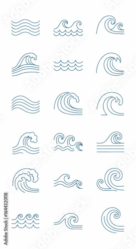Set of stylized ocean wave icons in a bluegray line art style Minimalist collection of various sea and water symbols from calm ripples to cresting breakers.