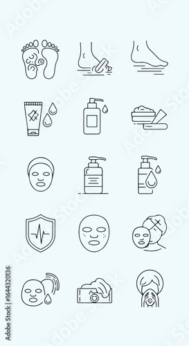 Skincare and beauty routine line icon set for face and foot care cosmetics and dermatology.