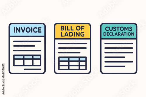 Three Business Documents Invoice Bill of Lading and Customs Declaration.