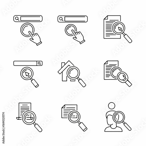 Web search and data analysis linear icons set Magnifying glass document and click symbols.
