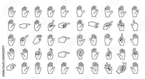 Vector set of human hand gestures Black outline icons showing various signs counting pointing and communication symbols.