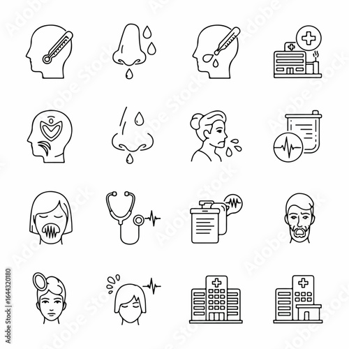 Vector Illustration of Medical Icons Depicting Various Illness Symptoms and Healthcare.