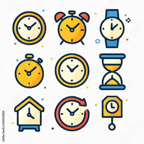 Vibrant flat design icons of various timepieces alarm wrist wall stopwatch hourglass and pendulum clocks.