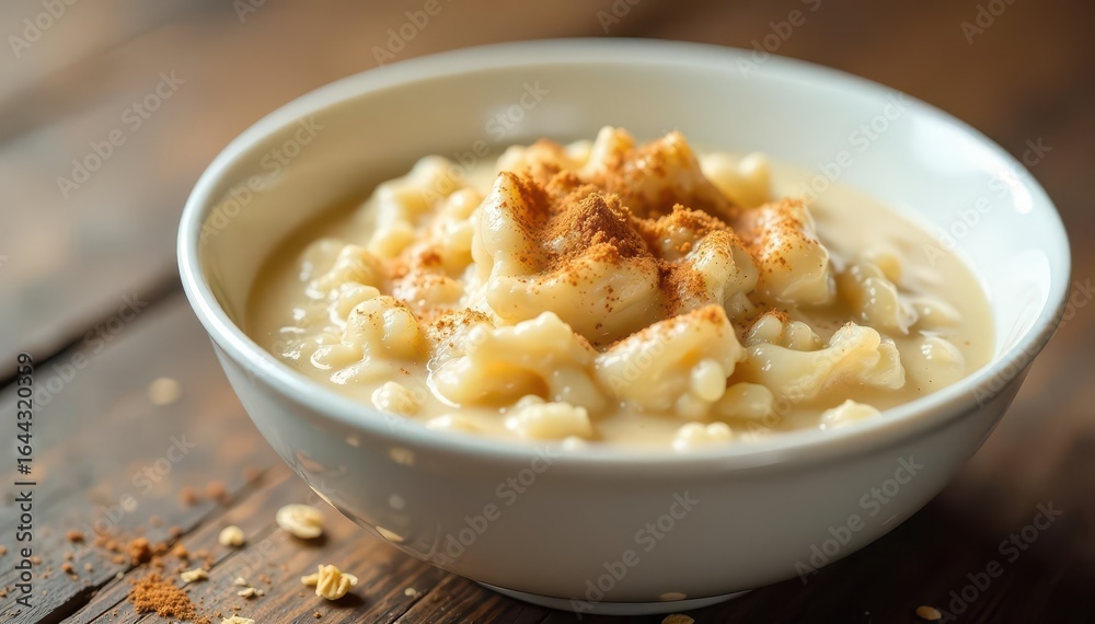 Creamy oatmeal porridge in a white bowl with a sprinkle of cinnamon on top, bowl, table, spoon Creamy oatmeal porridge in a white bowl with a sprinkle of cinnamon on top, bowl, table, spoon