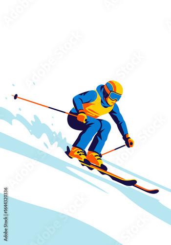 A stylized illustration of a skier carving down a snowy slope, dynamic pose, winter sports.