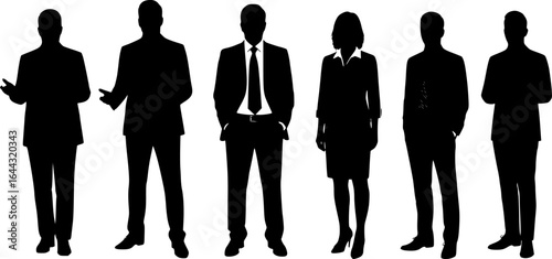 Vector silhouettes of men and a women, a group of standing business people, black color isolated on white background