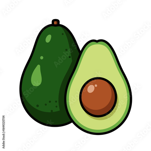 A whole avocado and a halved avocado with visible pit, illustrated in a simple, cartoonish style.