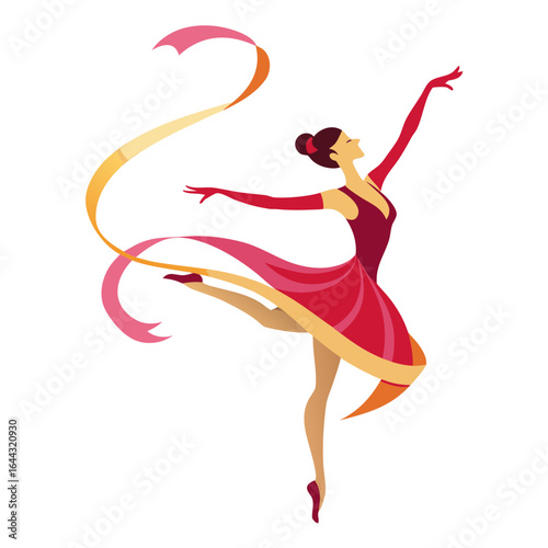 Elegant Ballerina Mid-Pirouette with Flowing Ribbons Vector Illustration

