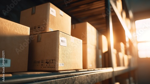 Stack of brown cardboard boxes on warehouse shelves, unbranded shipping labels, sunlight streaming, fine paper texture, commercial photography

