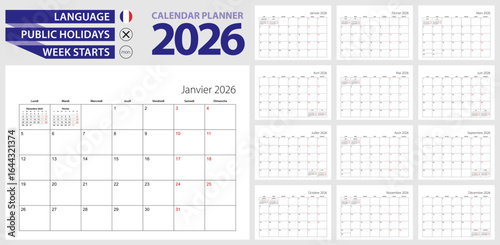 French calendar planner for 2026. French language, week starts from Monday.